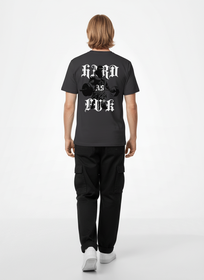 Back pose of the model wearing Strive - Hard As Fu*k - Sportiniai Unisex Marškinėliai