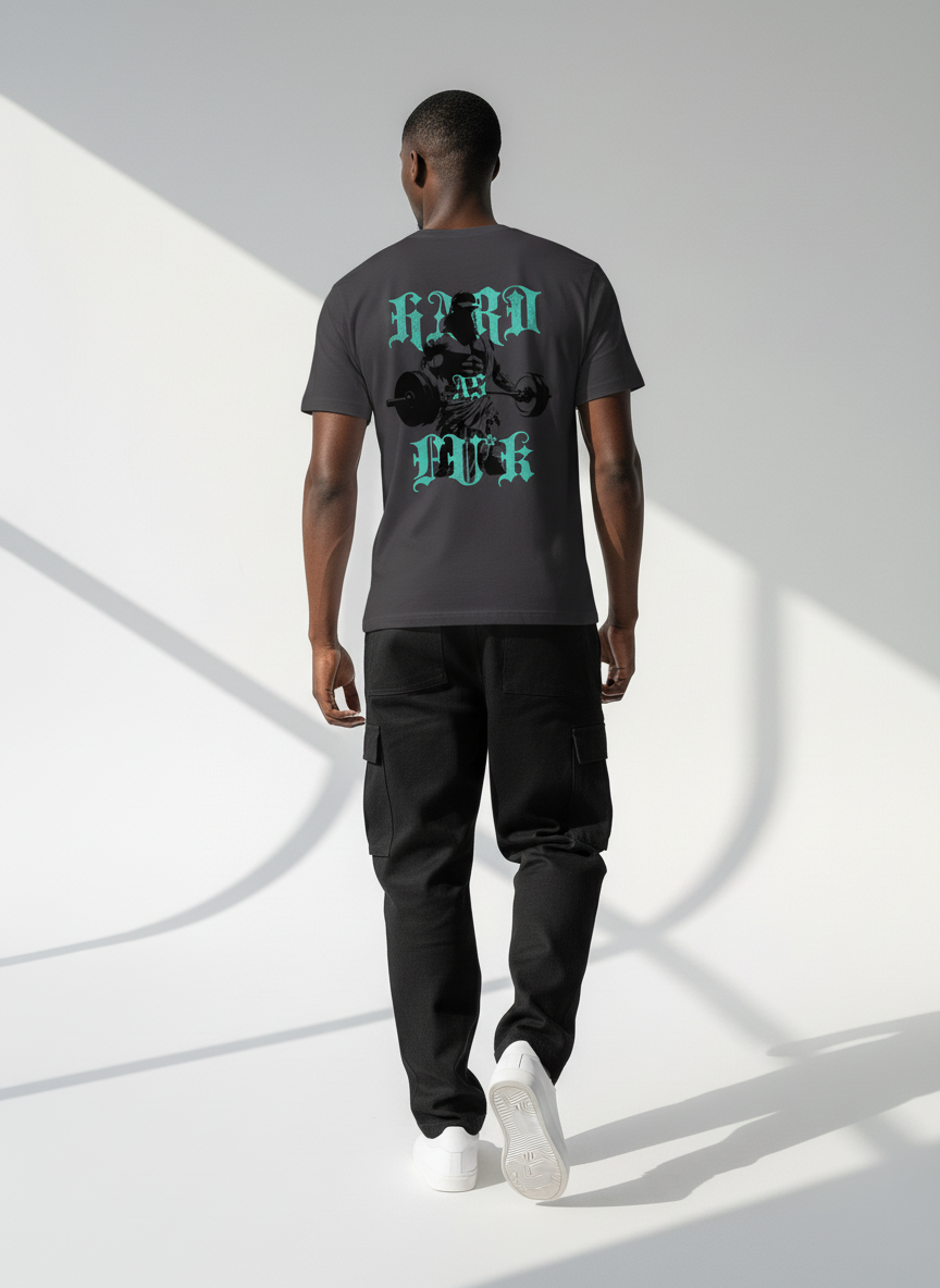 Back pose of the model wearing Strive - Hard As Fu*k - Sportiniai Unisex Marškinėliai