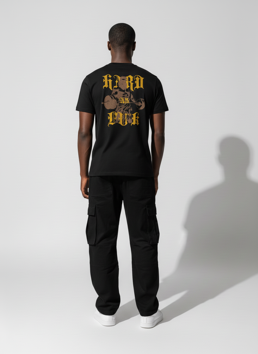 Back pose of the model wearing Strive - Hard As Fu*k - Unisex Marškinėliai