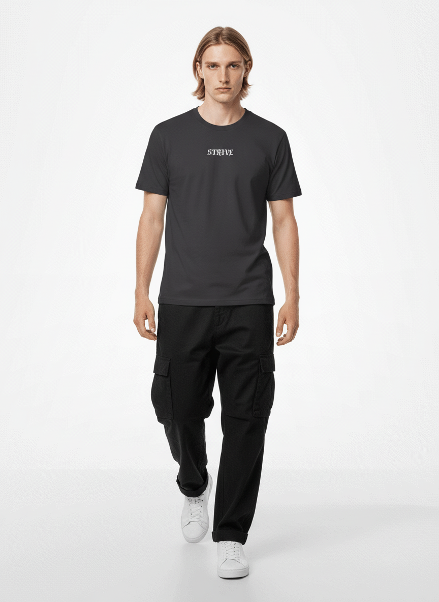 Full body view of the model wearing Strive - Hard As Fu*k - Sportiniai Unisex Marškinėliai