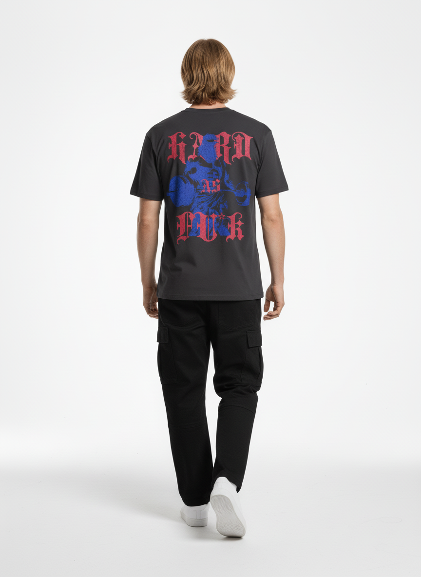 Back pose of the model wearing Strive - Hard As Fu*k - Unisex Marškinėliai