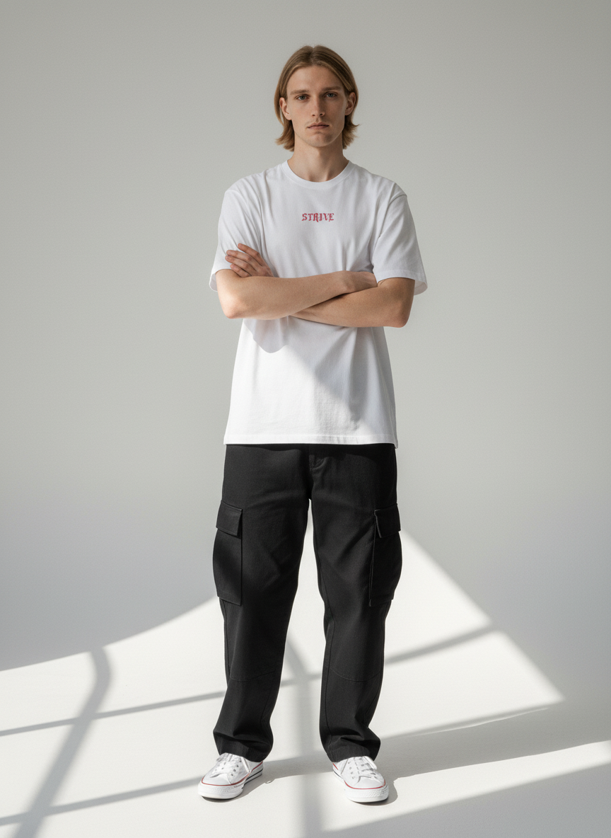 Full body view of the model wearing Strive - Hard As Fu*k - Unisex Marškinėliai