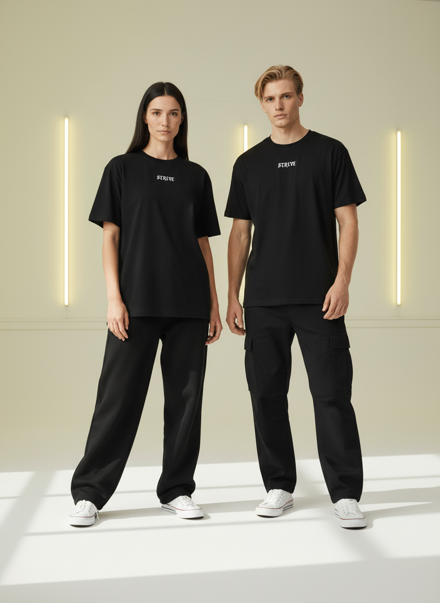 Full body view of the model wearing Strive - Hard As Fu*k - Sportiniai Unisex Marškinėliai